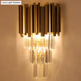 Modern Multi Layer Metal And Crystal Prisms Wall Lamp - 2/3 Bulbs Brass Finish