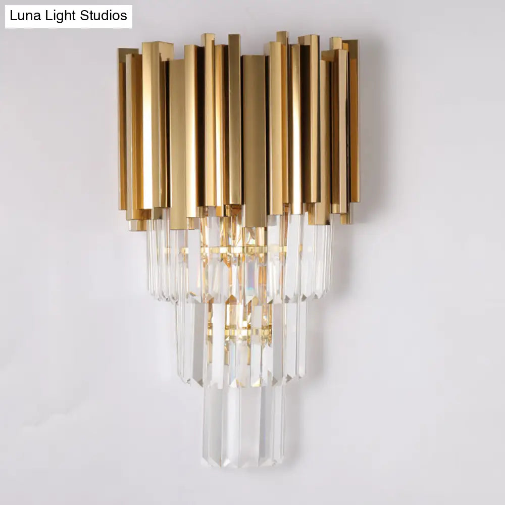 Modern Multi Layer Metal And Crystal Prisms Wall Lamp - 2/3 Bulbs Brass Finish