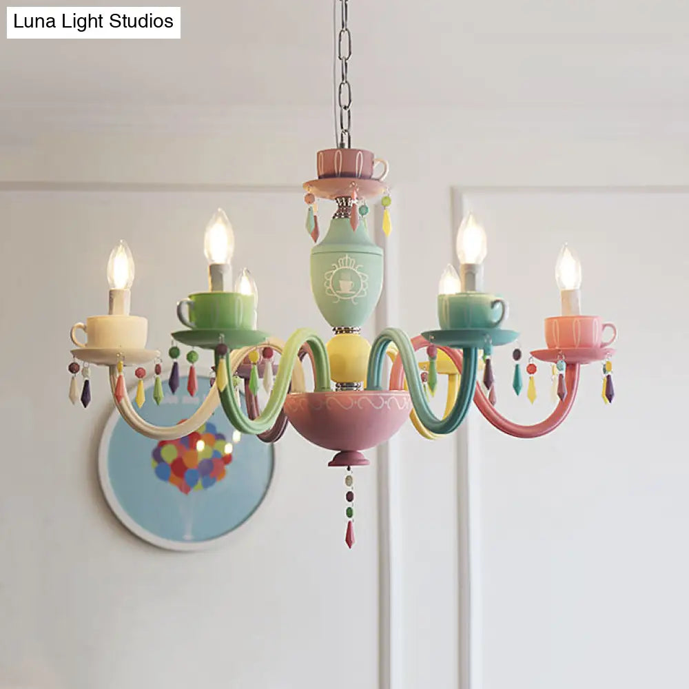 Modern Multicolor Glass Candle Hanging Light Chandelier With Cup Decoration For Kindergarten