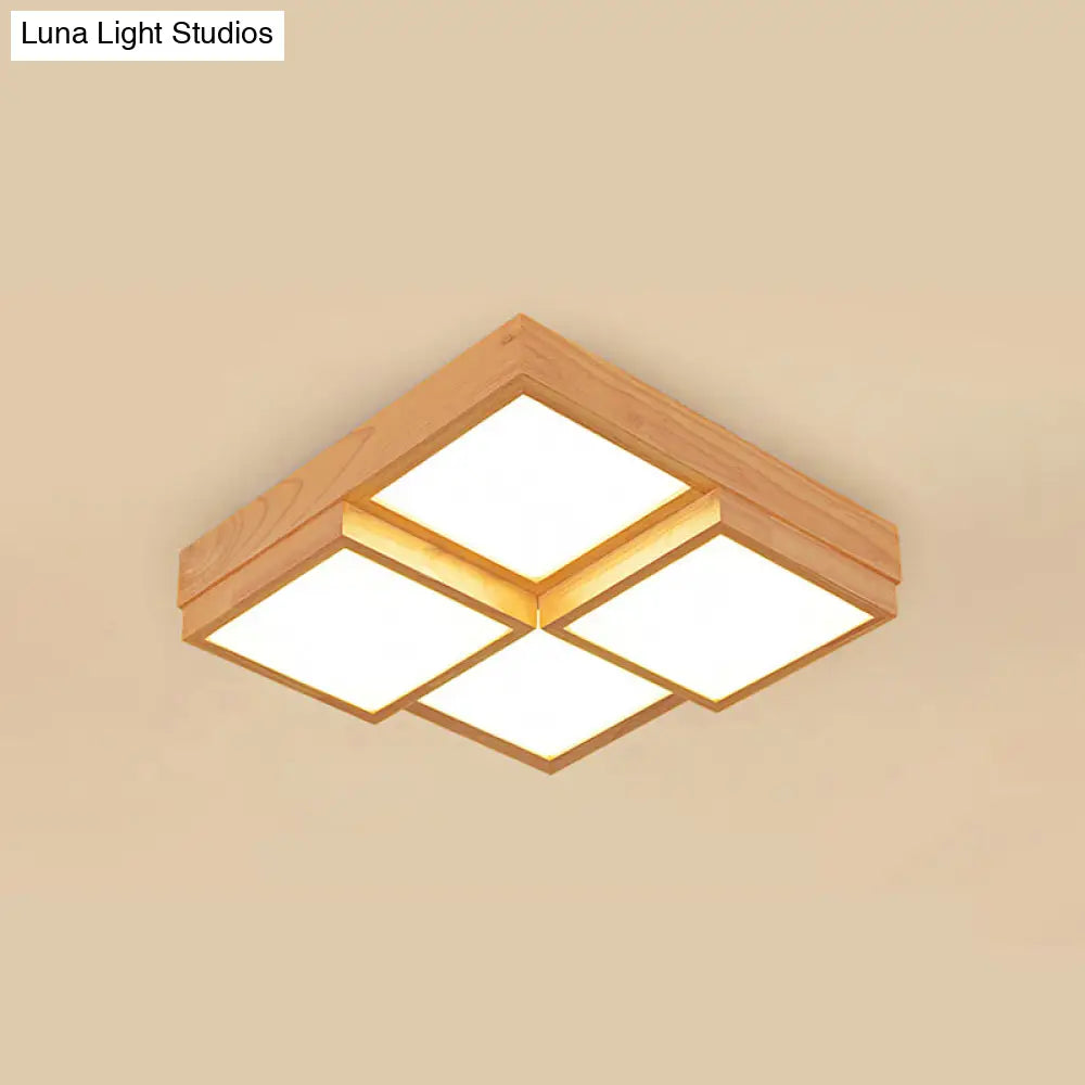 Modern Natural Wood Led Ceiling Lamp - Square Flush Shape With 4/6/9-Light Options In