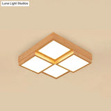 Modern Natural Wood Led Ceiling Lamp - Square Flush Shape With 4/6/9-Light Options In