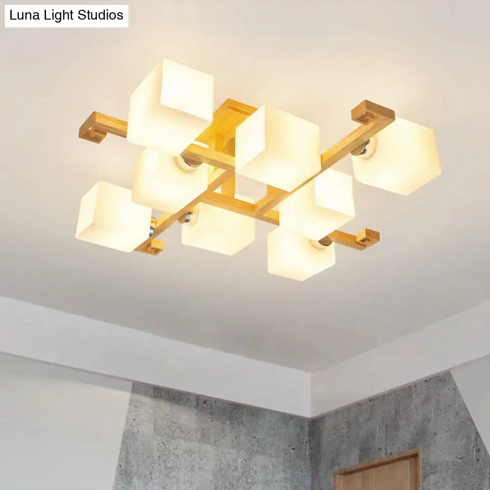 Modern Natural Wood Semi Flush Mount Light Fixture With Rectangle Glass Shade For Living Room