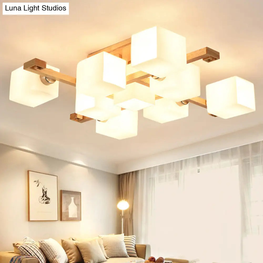 Modern Natural Wood Semi Flush Mount Light Fixture With Rectangle Glass Shade For Living Room