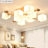 Modern Natural Wood Semi Flush Mount Light Fixture With Rectangle Glass Shade For Living Room
