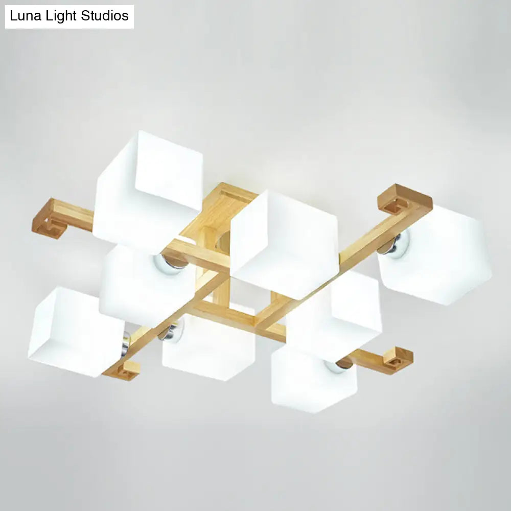 Modern Natural Wood Semi Flush Mount Light Fixture With Rectangle Glass Shade For Living Room