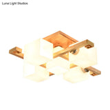 Modern Natural Wood Semi Flush Mount Light Fixture With Rectangle Glass Shade For Living Room