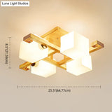 Modern Natural Wood Semi Flush Mount Light Fixture With Rectangle Glass Shade For Living Room