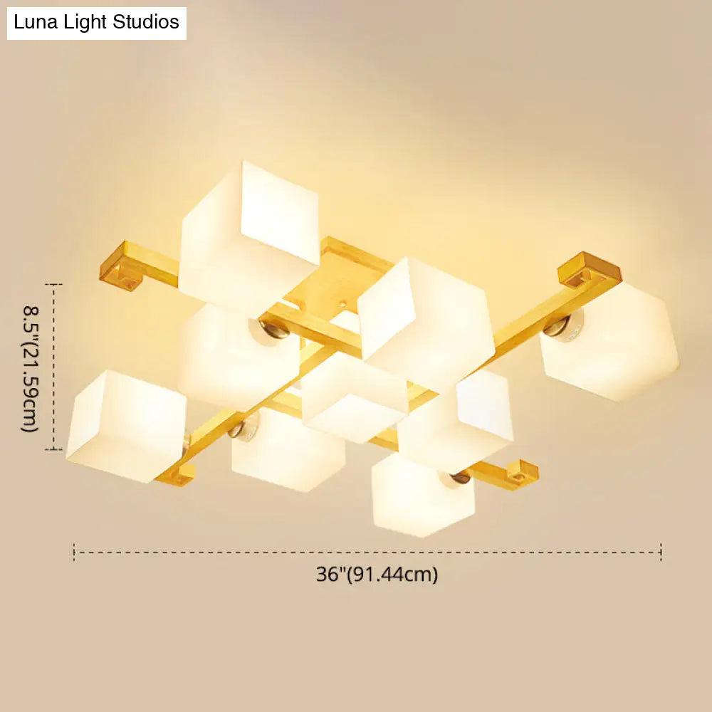 Modern Natural Wood Semi Flush Mount Light Fixture With Rectangle Glass Shade For Living Room