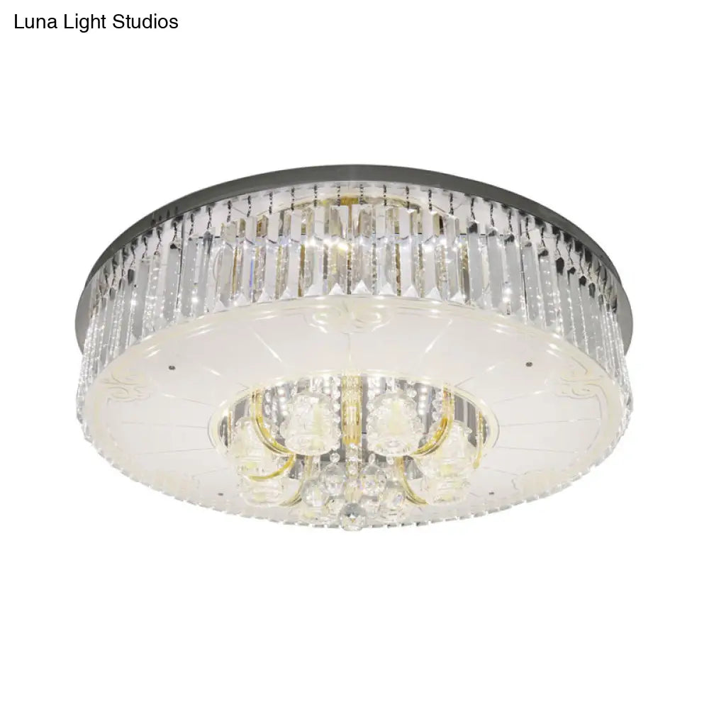 Modern Nickel Led Flush Mount Lamp With Clear Crystal Prisms Drum Design - Stylish Ceiling Lighting