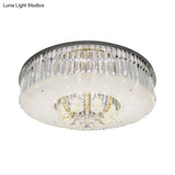 Modern Nickel Led Flush Mount Lamp With Clear Crystal Prisms Drum Design - Stylish Ceiling Lighting