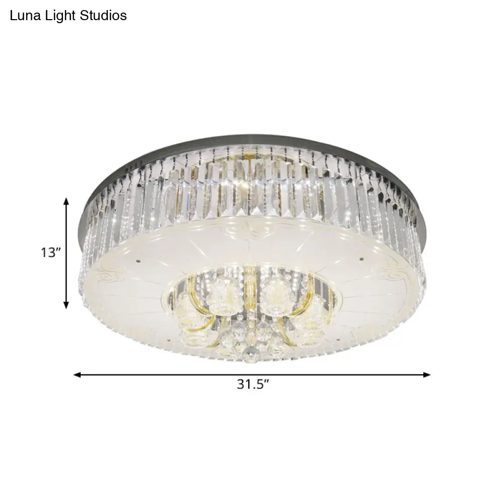 Modern Nickel Led Flush Mount Lamp With Clear Crystal Prisms Drum Design - Stylish Ceiling Lighting