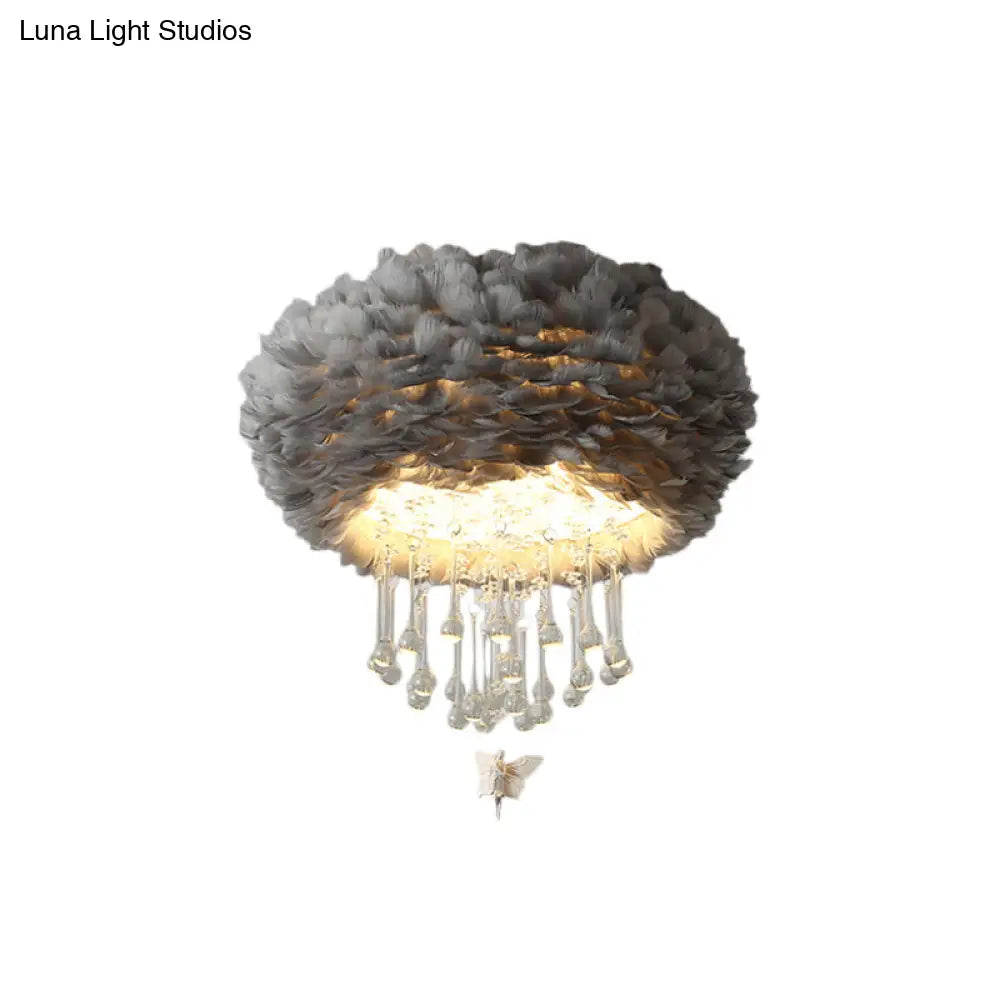 Modern Nordic Cloud Flush Light With Crystal Drop - White/Pink/Black Feather 2/3/4 Lights Bedroom
