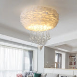 Modern Nordic Cloud Flush Light With Crystal Drop - White/Pink/Black Feather 2/3/4 Lights Bedroom