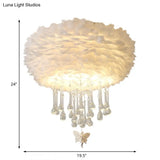 Modern Nordic Cloud Flush Light With Crystal Drop - White/Pink/Black Feather 2/3/4 Lights Bedroom