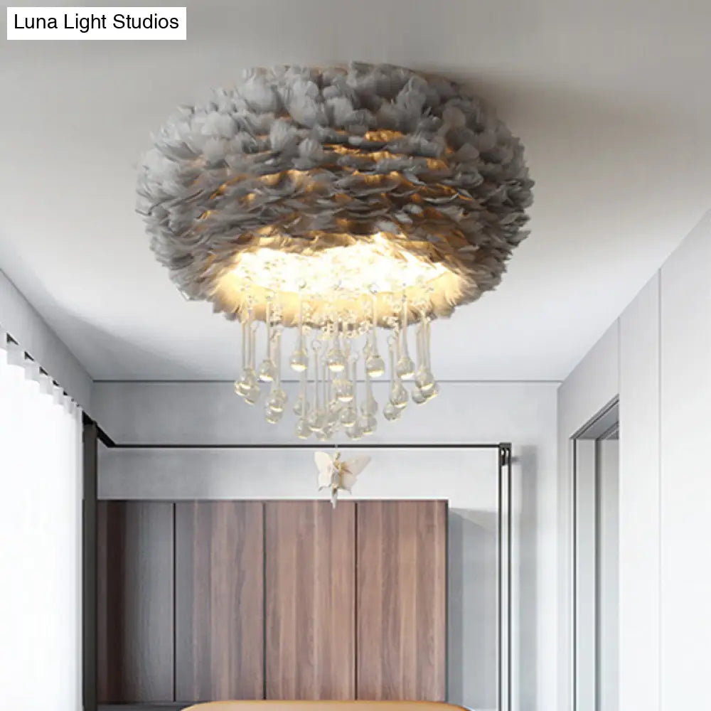 Modern Nordic Cloud Flush Light With Crystal Drop - White/Pink/Black Feather 2/3/4 Lights Bedroom