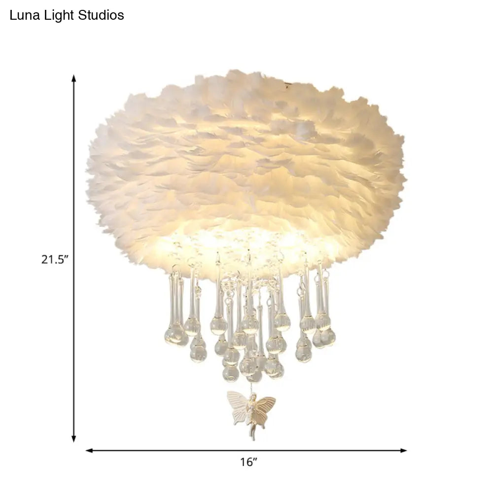 Modern Nordic Cloud Flush Light With Crystal Drop - White/Pink/Black Feather 2/3/4 Lights Bedroom