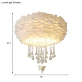 Modern Nordic Cloud Flush Light With Crystal Drop - White/Pink/Black Feather 2/3/4 Lights Bedroom