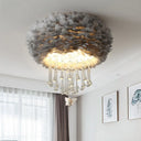Modern Nordic Cloud Flush Light With Crystal Drop - White/Pink/Black Feather 2/3/4 Lights Bedroom