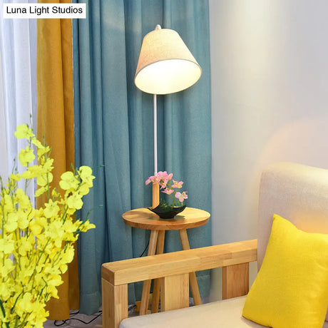 Modern Nordic Stand Up Floor Lamp With Wooden Tray - White Fabric Shade