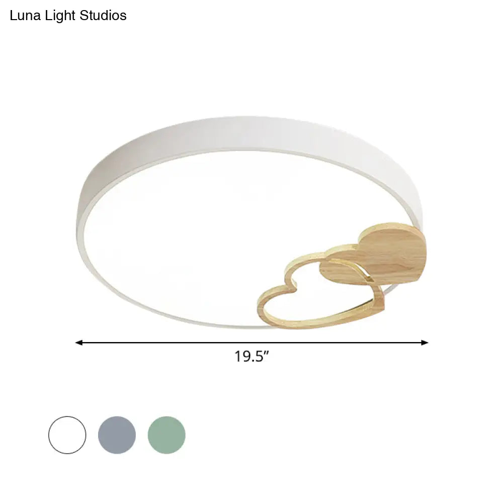 Modern Nordic Wood Heart Pattern Acrylic Flush Mount Ceiling Light In Green/White/Grey