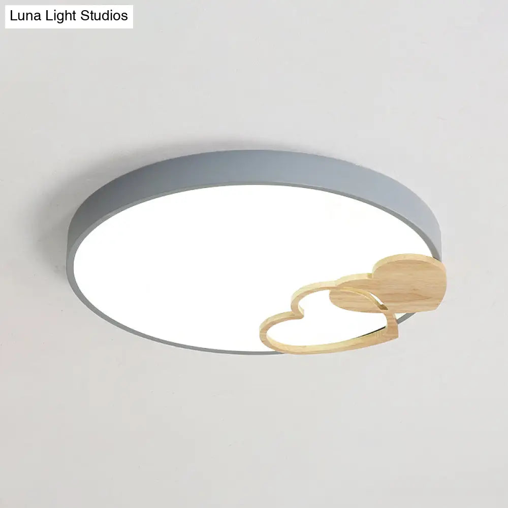 Modern Nordic Wood Heart Pattern Acrylic Flush Mount Ceiling Light In Green/White/Grey