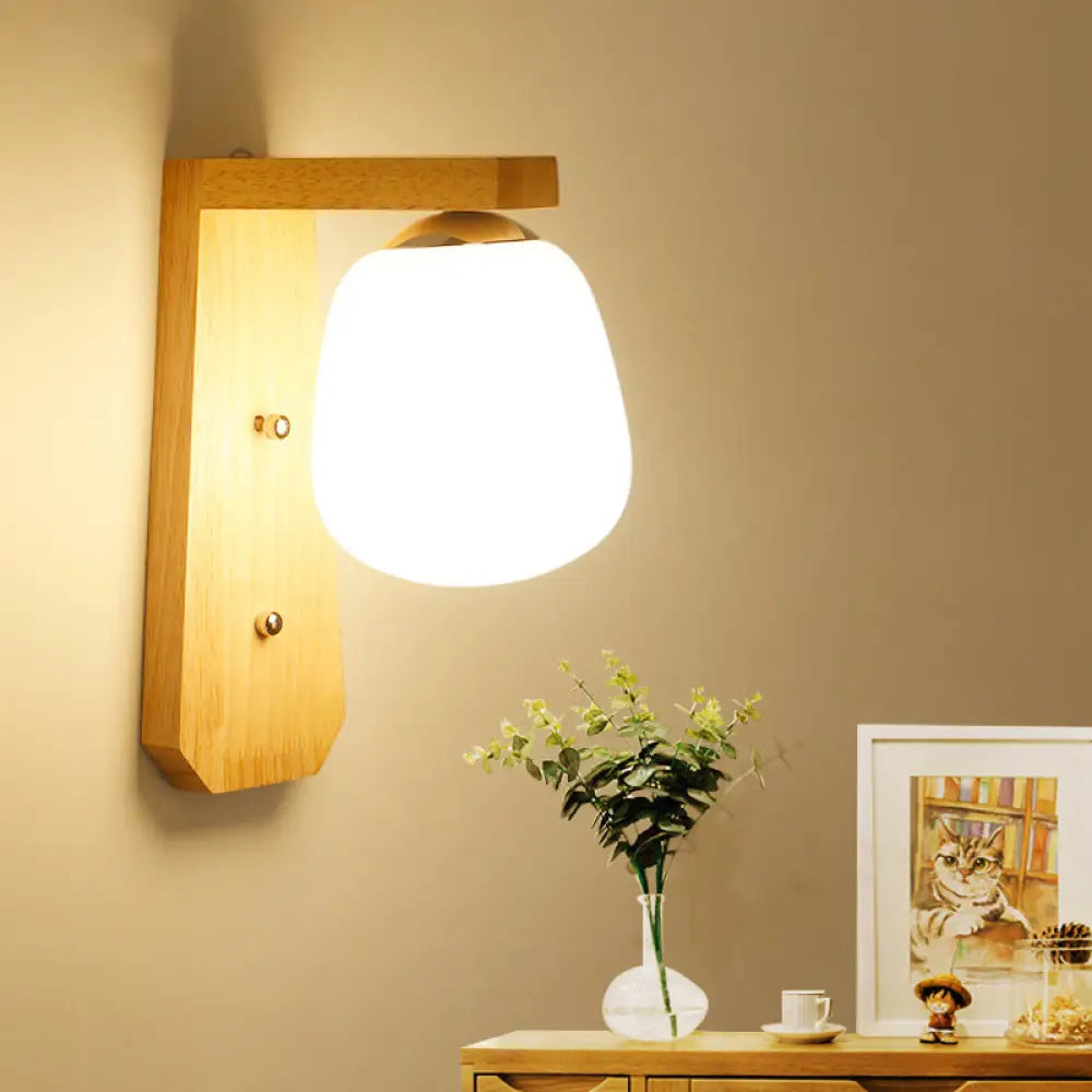 Modern Nordic Wooden Wall Lamp With Milky Glass Bud Shape & Right Angled Arm - 1 Bulb Light Wood