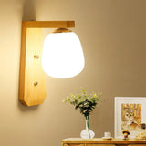 Modern Nordic Wooden Wall Lamp With Milky Glass Bud Shape & Right Angled Arm - 1 Bulb Light Wood