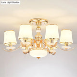 Modern Opal Glass Barrel Chandelier Pendant With Gold Finish And Curving Arm