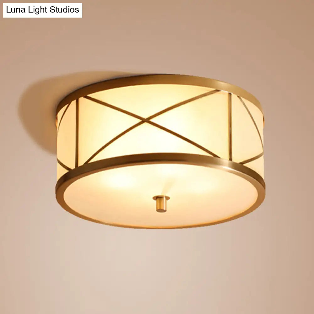 Modern Opal Glass Ceiling Mounted Flushmount With Brass X Brace Fixture - Simplicity Drum Lighting