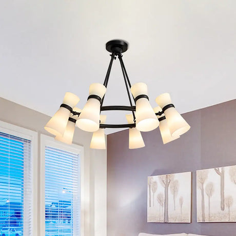 Modern Opal Glass Chandelier - Wide Flare 16 Bulbs Black/Gold Pendant Light Fixture Black