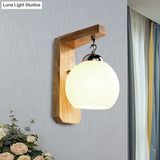 Modern Opal Glass Globe Wall Light With Wood Base - White Sconce For Bedroom