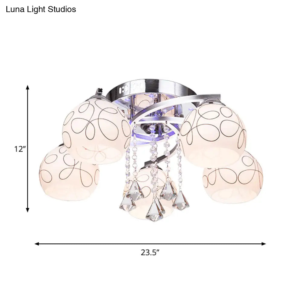 Modern Opal Glass Semi Flush Ceiling Light With Crystal Drop - 3/5 Lights Chrome Finish