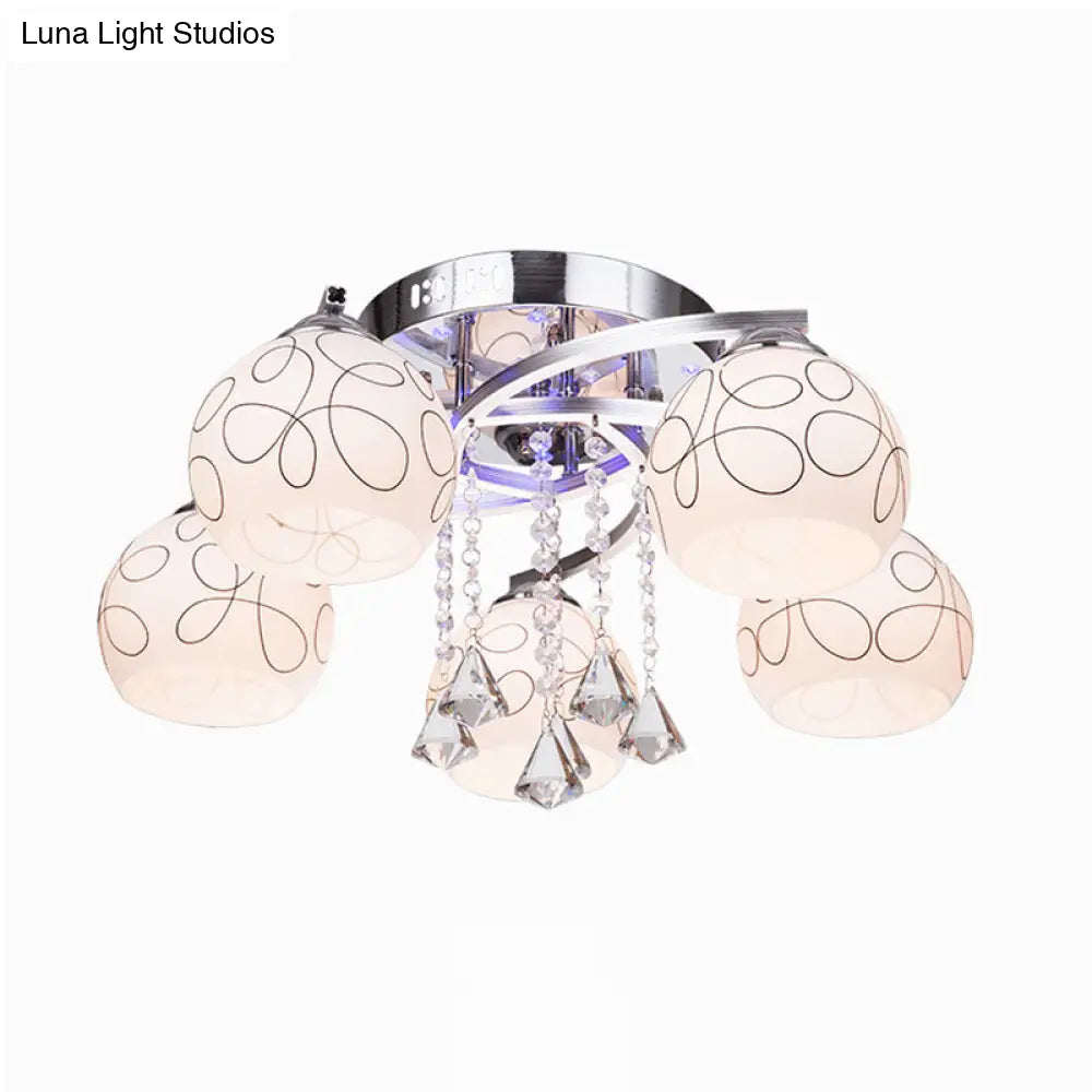 Modern Opal Glass Semi Flush Ceiling Light With Crystal Drop - 3/5 Lights Chrome Finish