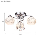 Modern Opal Glass Semi Flush Ceiling Light With Crystal Drop - 3/5 Lights Chrome Finish