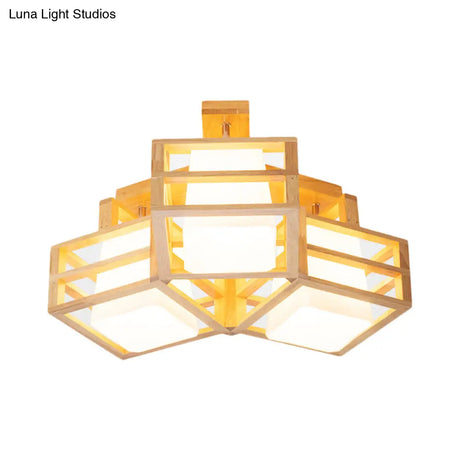 Modern Opaline Matte Glass Cube Ceiling Light With 3 Beige Heads & Wood Cage Guard
