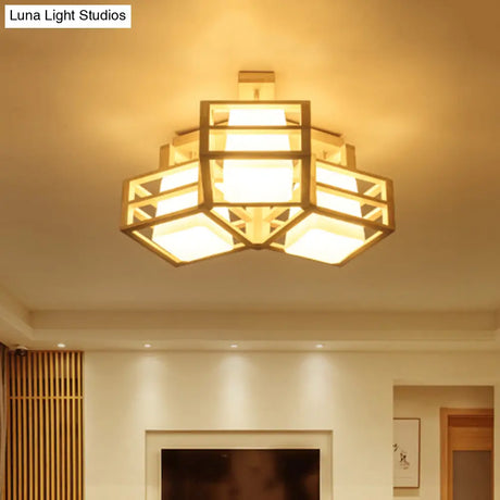 Modern Opaline Matte Glass Cube Ceiling Light With 3 Beige Heads & Wood Cage Guard