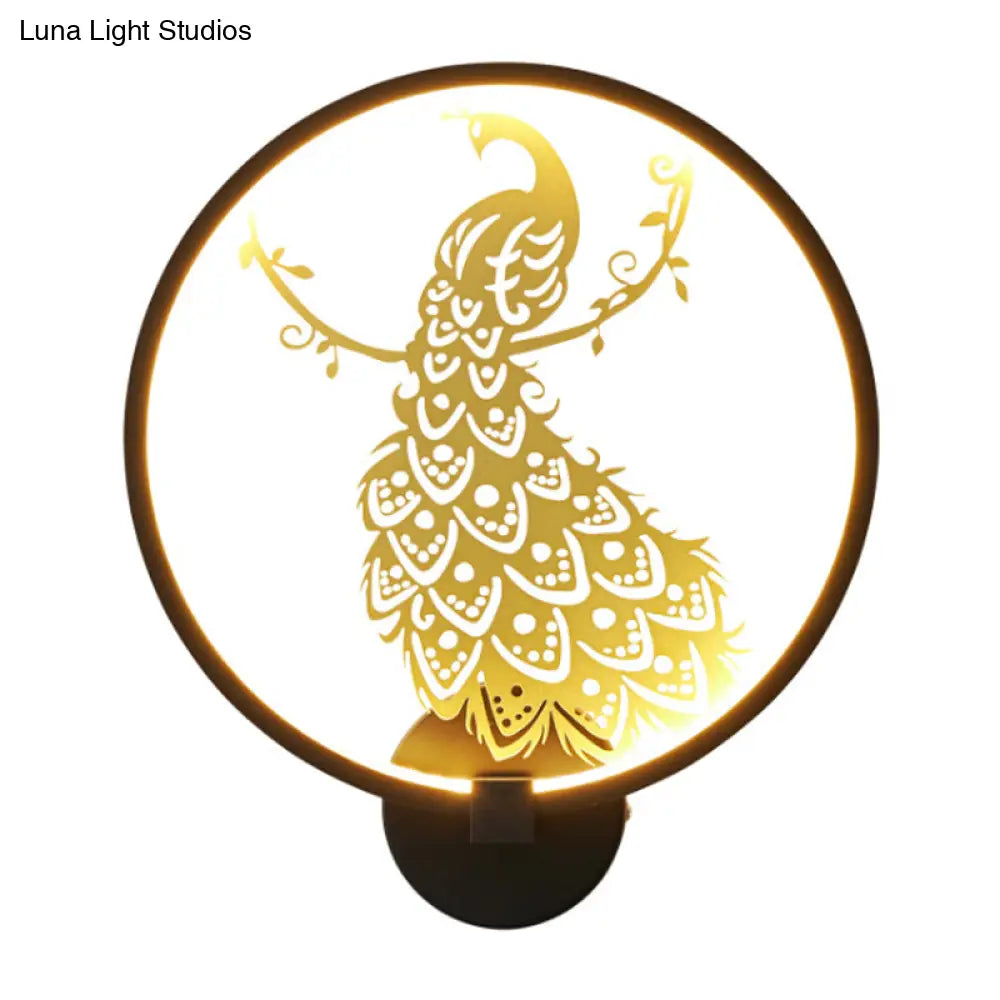 Modern Peacock Mural Wall Light: Black And Gold Aluminum Led Sconce For Living Room