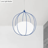 Modern Pendant Light: Egg Milk Glass Suspension With Melon Wire Frame - Ideal For Offices