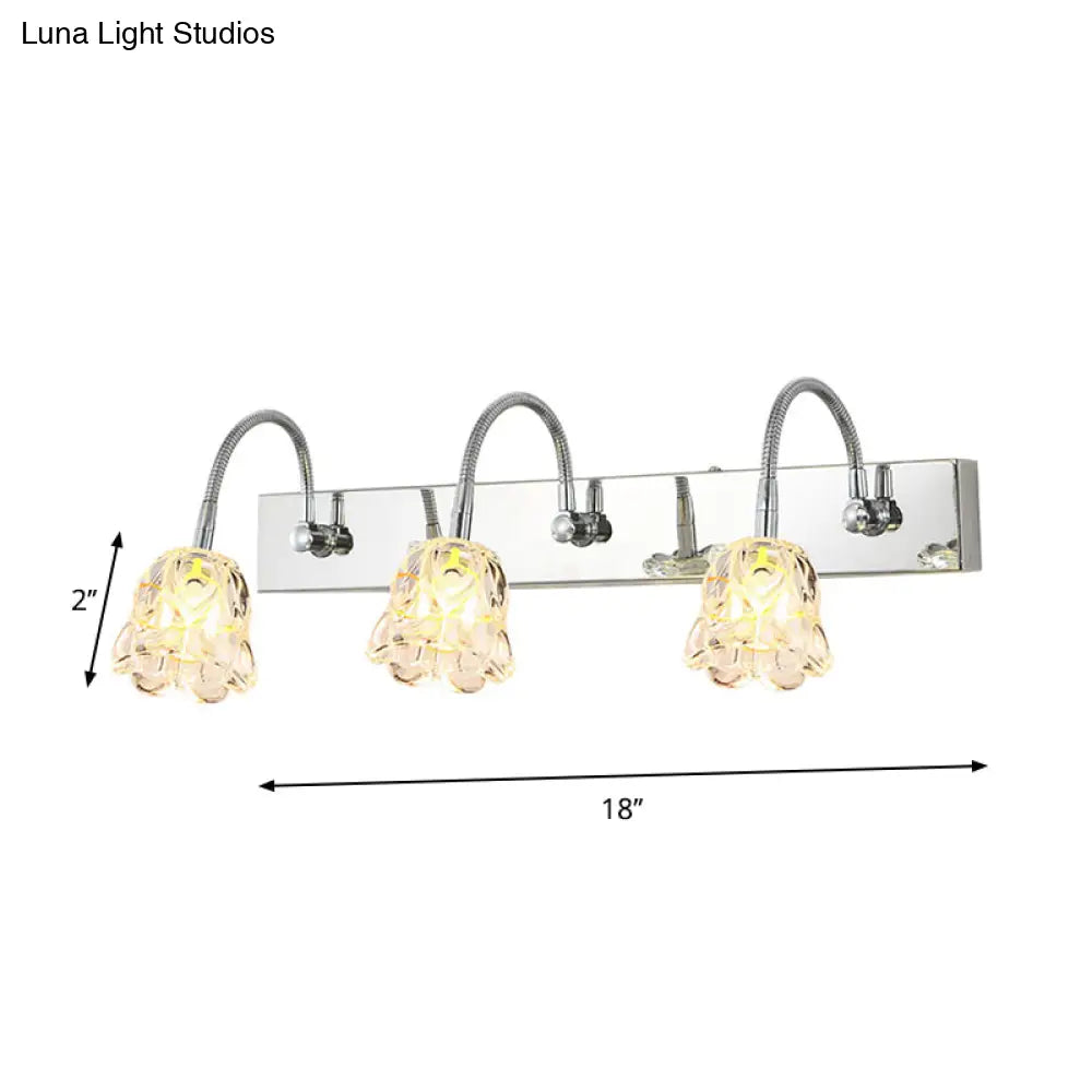 Modern Petal Clear Glass Vanity Light Fixture With Gooseneck Arm - 3 Lights Silver Finish Wall