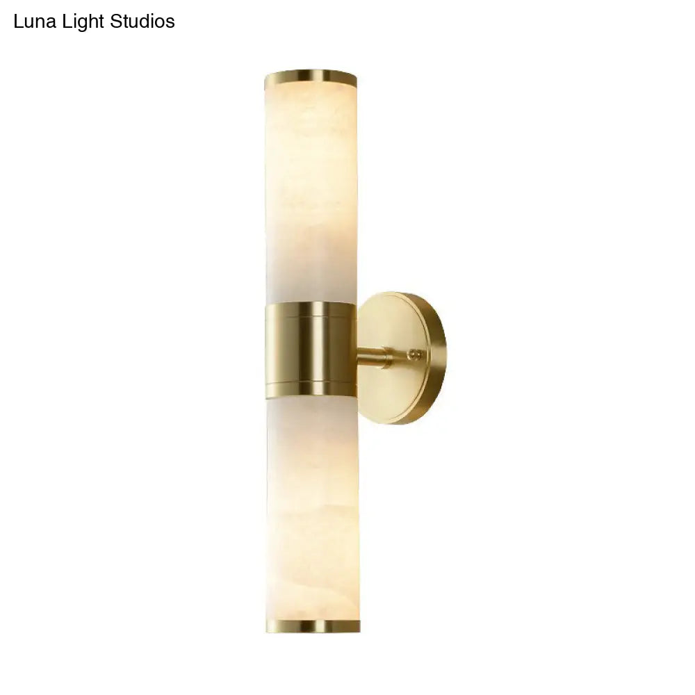 Modern Pillar Shaped Sconce Light: Marble Bedside Wall Lamp In White And Brass