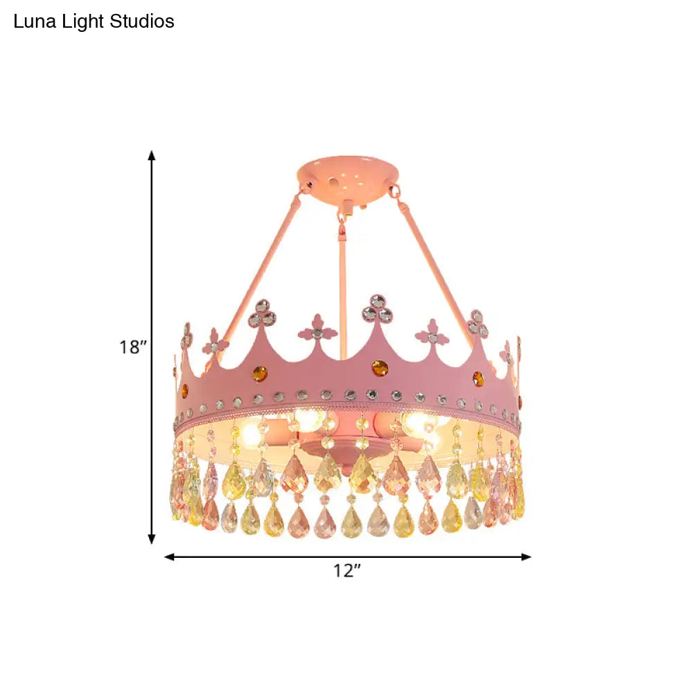 Modern Pink Crystal Semi Mount Ceiling Light Fixture With 3/5 Lights Crown Design For Bedroom -