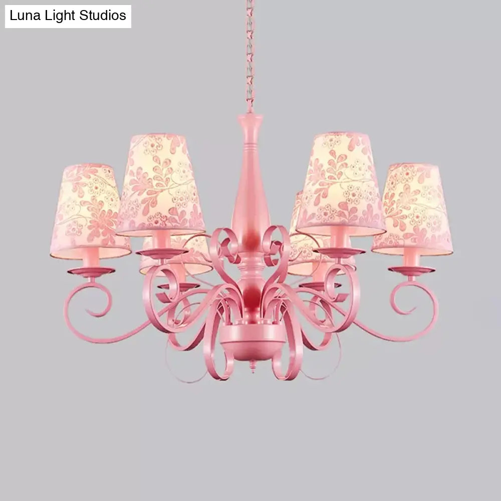 Modern Pink Fabric Chandelier With Tapered Shades - 6 Lights Pendant For Study Room