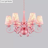 Modern Pink Fabric Chandelier With Tapered Shades - 6 Lights Pendant For Study Room