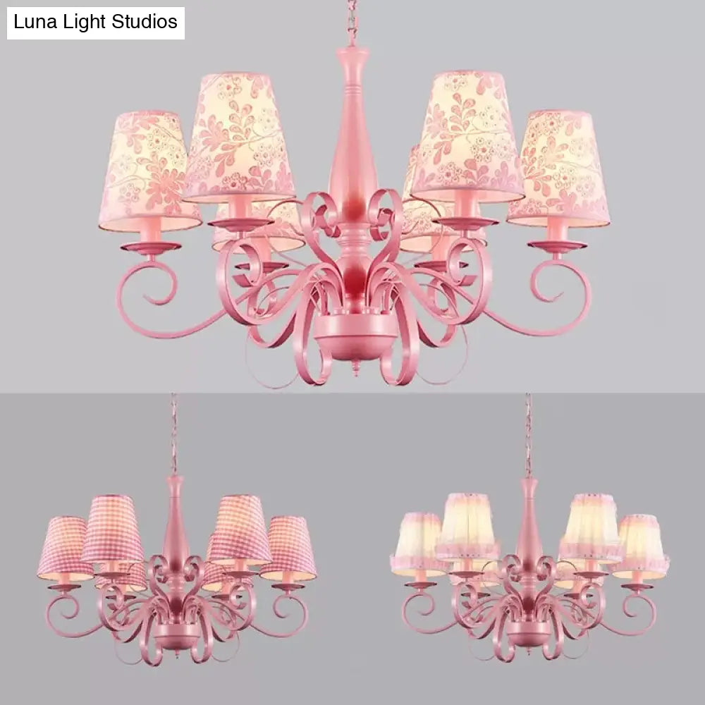 Modern Pink Fabric Chandelier With Tapered Shades - 6 Lights Pendant For Study Room