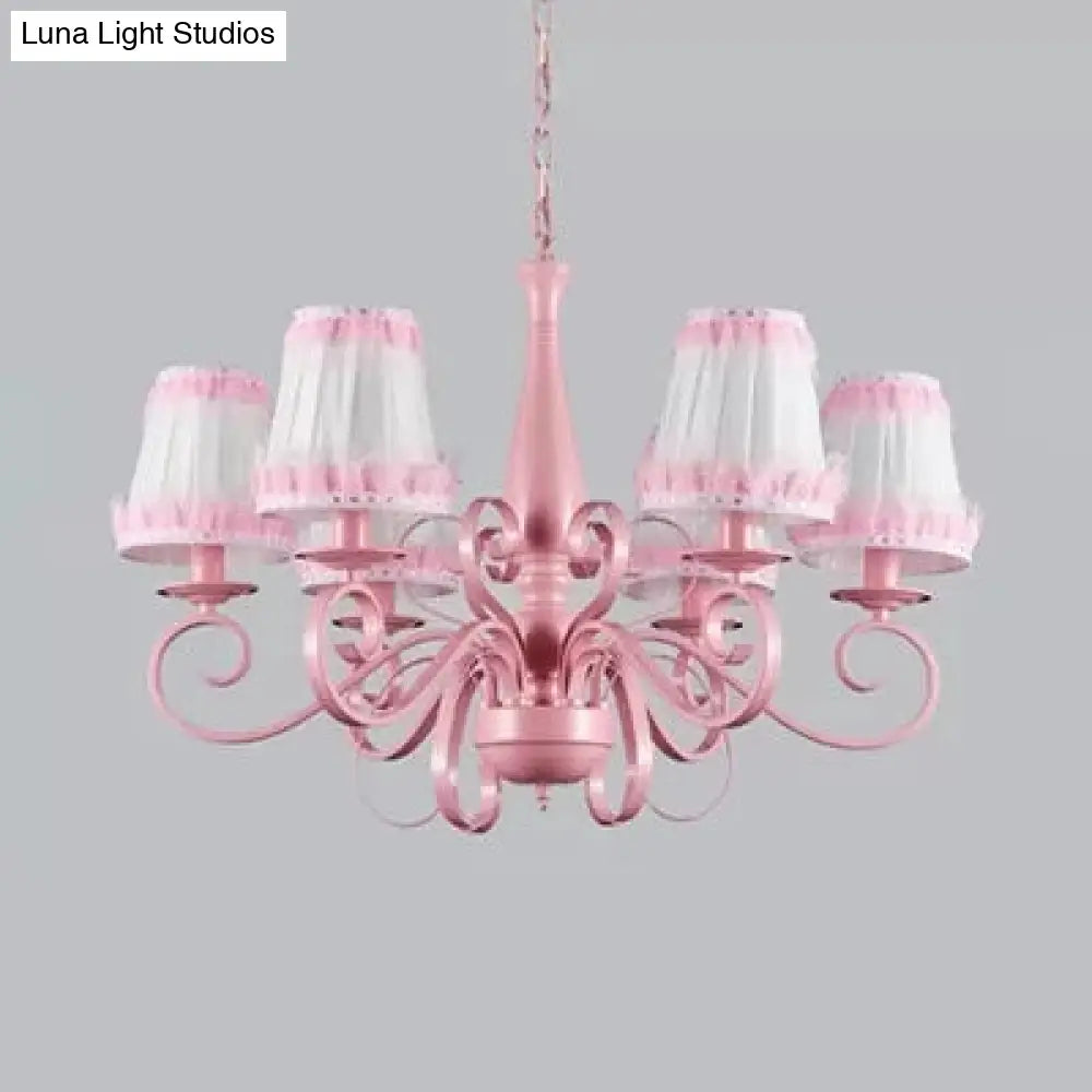 Modern Pink Fabric Chandelier With Tapered Shades - 6 Lights Pendant For Study Room