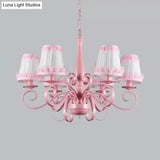 Modern Pink Fabric Chandelier With Tapered Shades - 6 Lights Pendant For Study Room