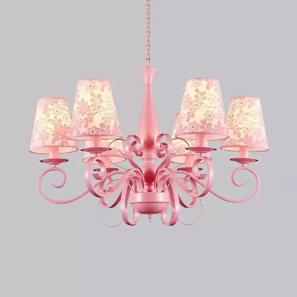 Modern Pink Fabric Chandelier With Tapered Shades - 6 Lights Pendant For Study Room / Flower