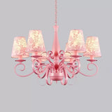 Modern Pink Fabric Chandelier With Tapered Shades - 6 Lights Pendant For Study Room / Flower