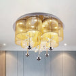 Modern Pink/Gold Clover Flush Ceiling Light With Crystal Flowers - Romantic Fabric Parlor Led