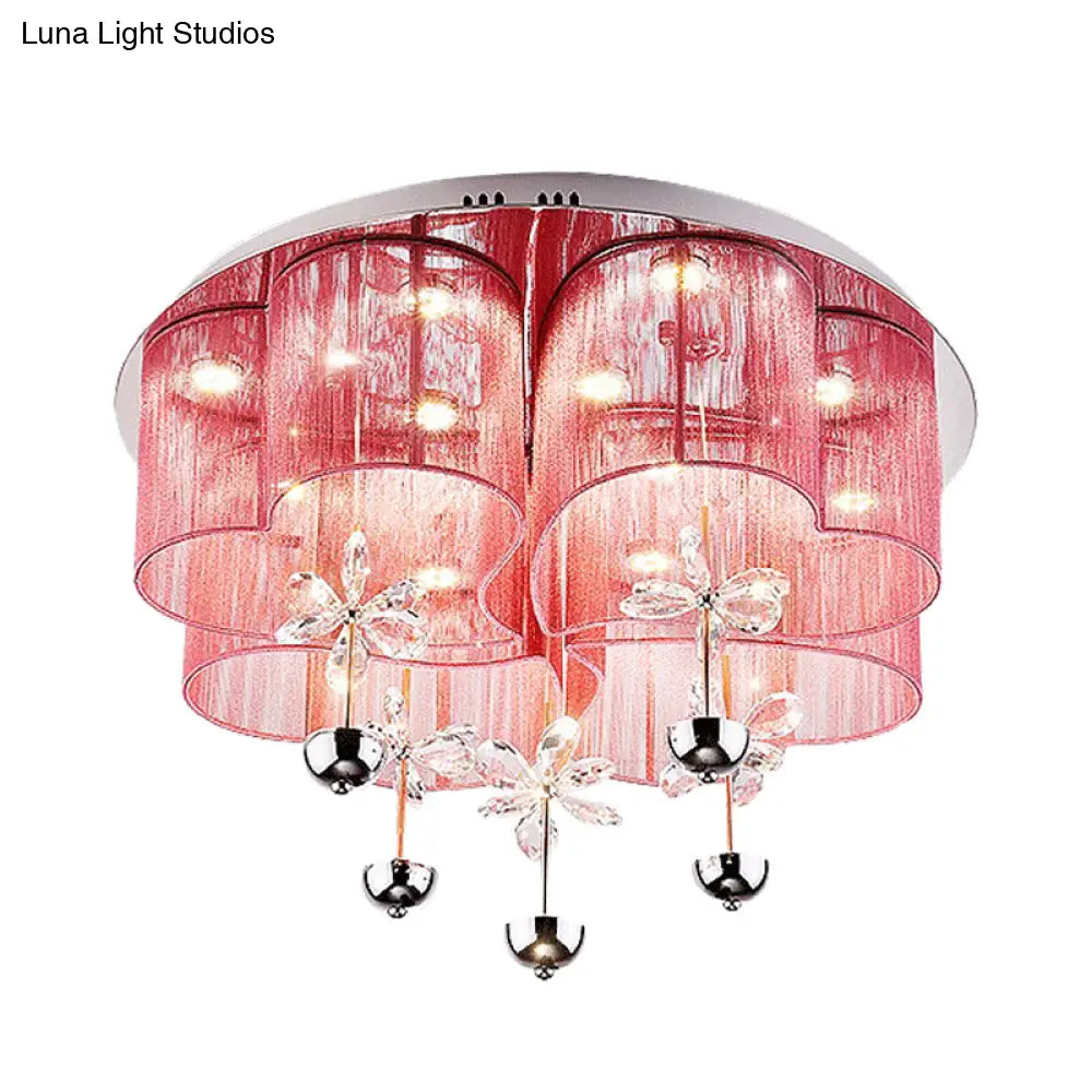 Modern Pink/Gold Clover Flush Ceiling Light With Crystal Flowers - Romantic Fabric Parlor Led